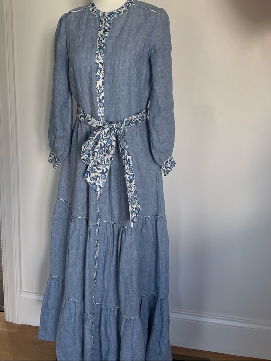 Boden Dresses & Skirts - Boden Blue Floral-Trim Maxi Dress with Tie Waist